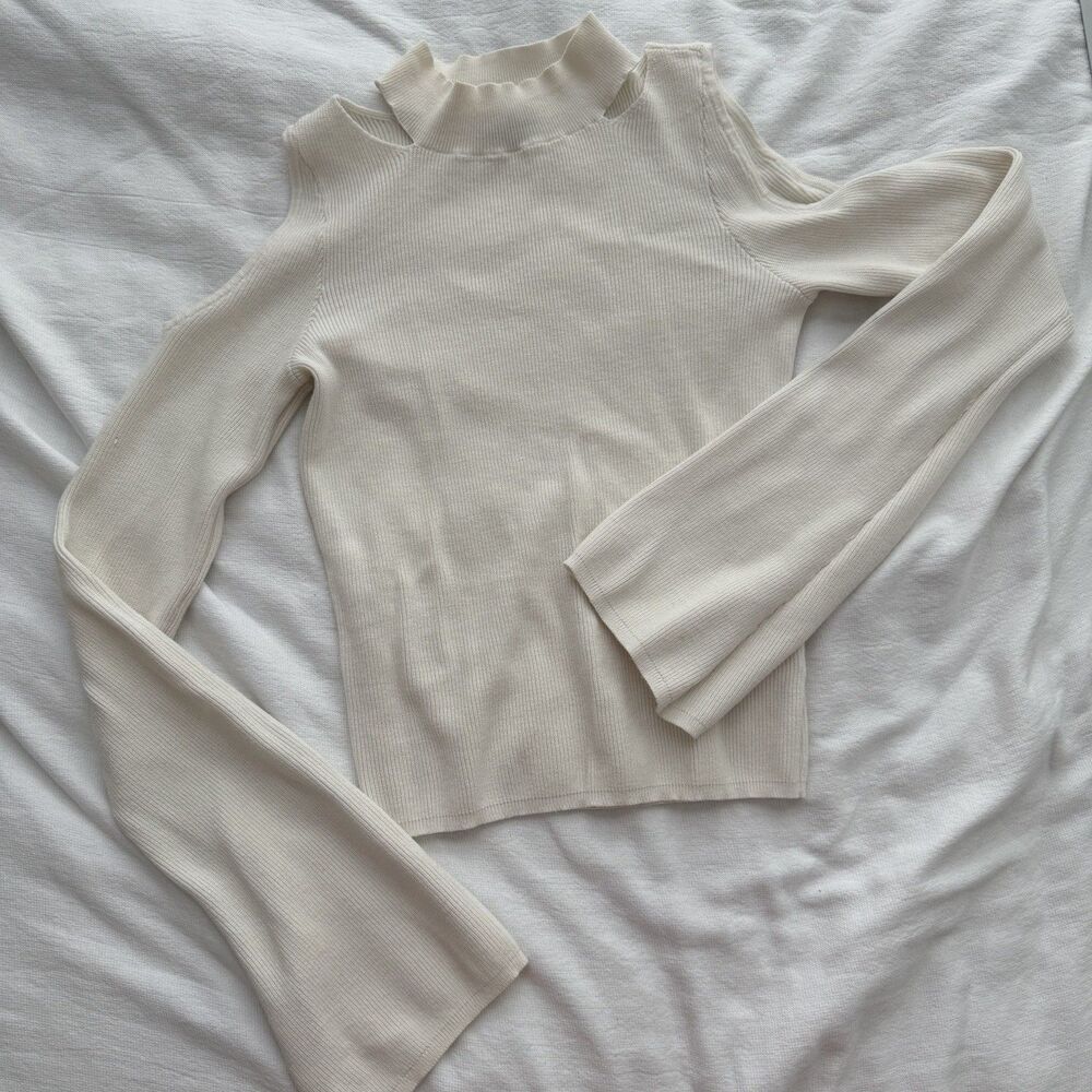 Express Rib-Knit Pullover Sweater Ivory Mock Neck Cold Shoulder Women S - Picture 2 of 6